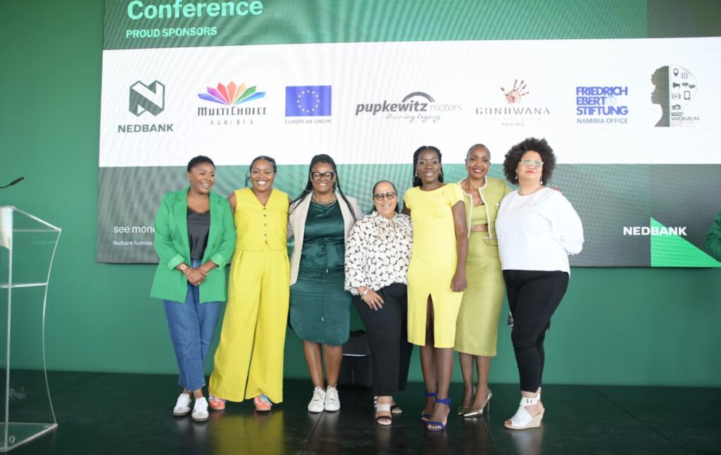 The co-founders of Women in Media, Limba Mupetami (far left) and Jemima Beukes (far right) with some women who gave speeches and were part of the panel discussion. 